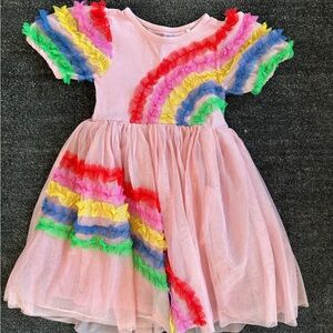Mini Boden Pink Tulle Dress with Rainbow Ruffle Stripes